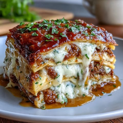 Asian Dumpling Lasagna with Soy Ginger Sauce layered in a baking dish, showcasing golden cheese and vibrant vegetables between dumpling wrappers.