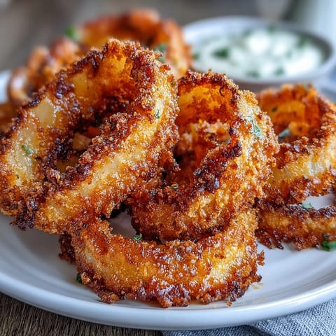 Crispy baked onion rings with golden crust and creamy smoky paprika dip, perfect for a lighter appetizer or snack.