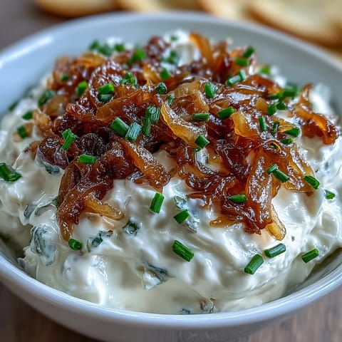 Rich and tangy dip featuring golden caramelized onions blended into smooth Greek yogurt.  