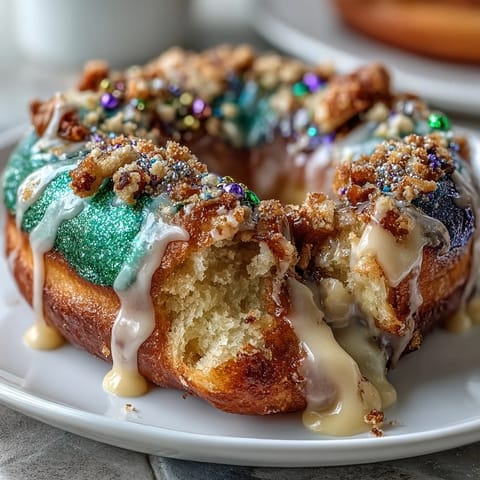 2. Colorful King Cake Donuts with Vanilla Glaze: Baked donuts inspired by classic King Cake, featuring a sweet vanilla glaze and festive Mardi Gras sprinkle decorations.