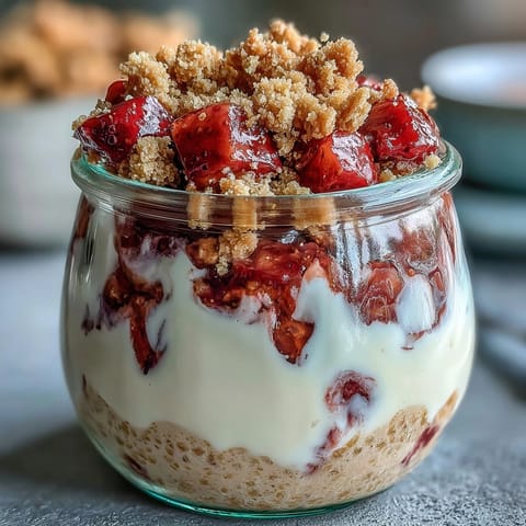 Strawberry cheesecake overnight oats with graham crumble in a jar, topped with fresh strawberries and buttery graham cracker crumbs.  