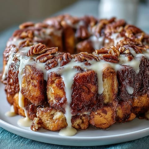 Warm King Cake monkey bread pull-apart loaf topped with rich cream cheese icing, crunchy pecans, and traditional purple, green, and gold sugars.  
