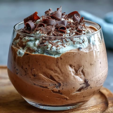 Fluffy yogurt protein mousse with cocoa and sea salt in a glass topped with dark chocolate shavings and fresh berries.  