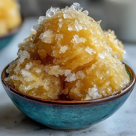 A vibrant scoop of homemade limoncello sorbet glistening with citrus zest, perfect for a refreshing summer dessert.  