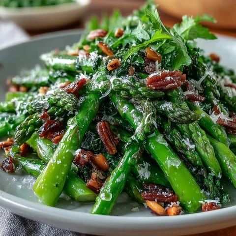 Crisp asparagus ribbons and sweet peas tossed with arugula, lemon vinaigrette, and toasted nuts for a refreshing spring salad.