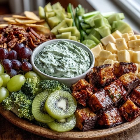 Festive St. Patrick's Day green food board featuring crisp vegetables, creamy dips, and sweet treats arranged for easy sharing.