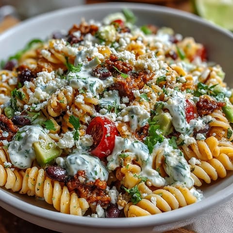Colorful summer potluck pasta salad featuring cherry tomatoes, red bell pepper, and zesty taco-seasoned dressing, perfect for outdoor gatherings.  