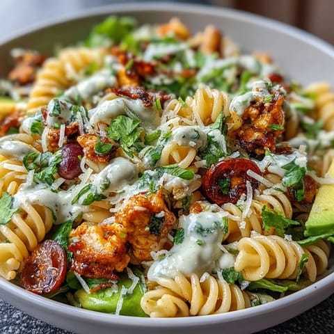 Vibrant taco pasta salad with rotini, black beans, corn, and avocado, topped with cheddar and cilantro for a fresh Tex-Mex side dish.  