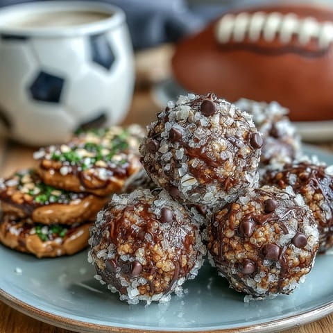 Bite-sized soccer game snacks: energy balls with oats, chocolate chips, and shredded coconut for a wholesome boost.  