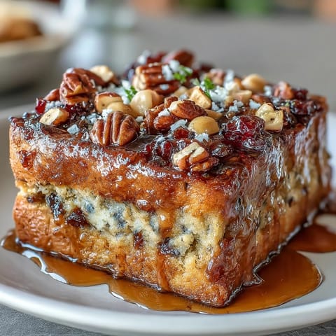 Warm, spiced capirotada Mexicana with golden toasted bread, raisins, nuts, and cheese, drizzled in piloncillo syrup.