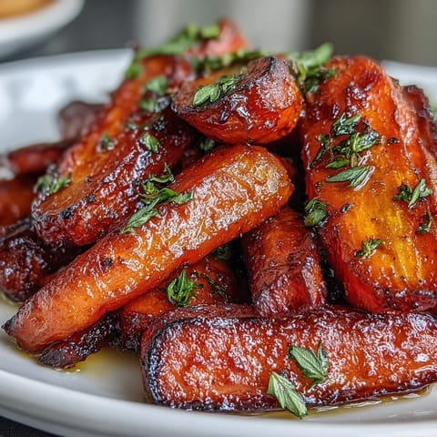 Honey Glazed Roasted Carrots with Thyme—golden, tender carrots glistening with sweet honey and aromatic thyme, roasted to caramelized perfection.