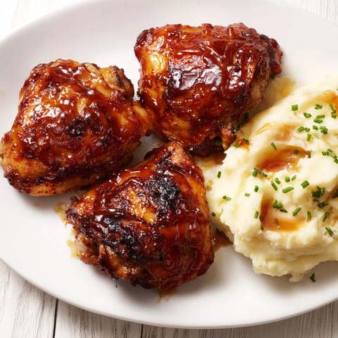 Golden, glistening honey BBQ chicken thighs served beside fluffy garlic mashed potatoes, a complete dinner.