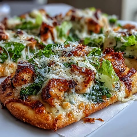 Crispy garlic naan bread is loaded with Caesar-dressed chicken and melty mozzarella for these Garlic Naan Chicken Caesar Pizzas.