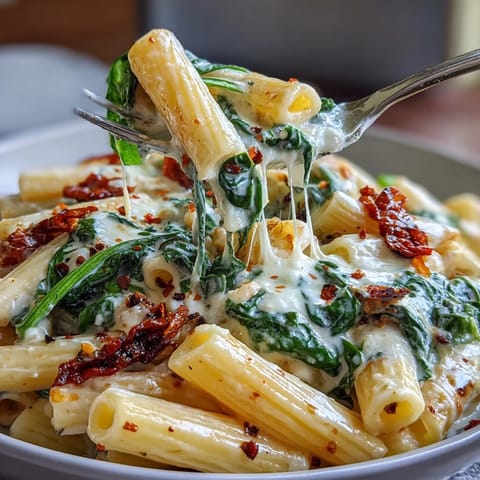 Creamy one-pot Tuscan pasta featuring wilted spinach, sun-dried tomatoes, and white wine for an Italian-inspired dinner.  