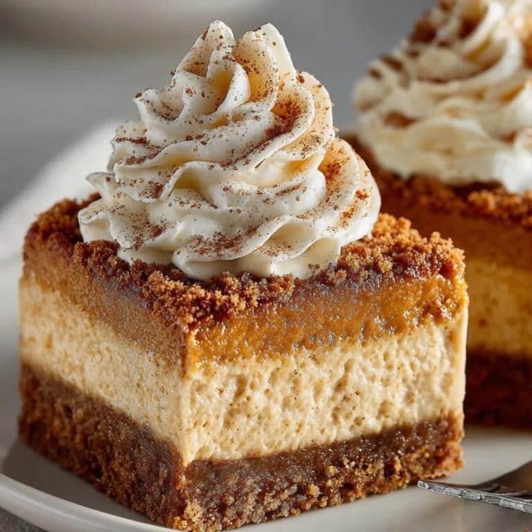 Homemade spiced pumpkin cheesecake bars, a festive autumn treat, sliced and ready to serve.