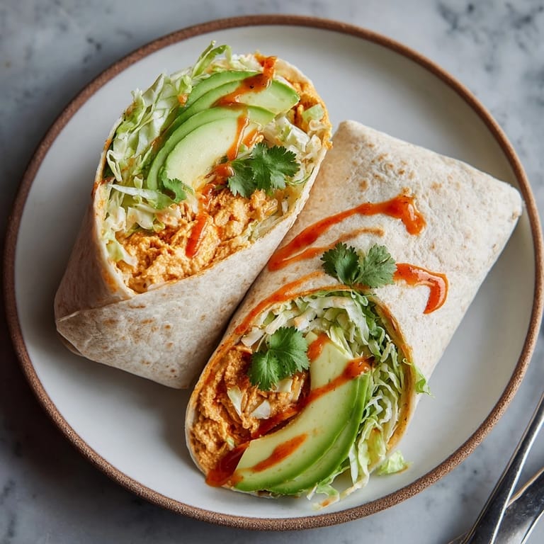 Crisp 10-Minute Buffalo Hummus Tortilla Wraps: imagine creamy, spicy buffalo and fresh textures.