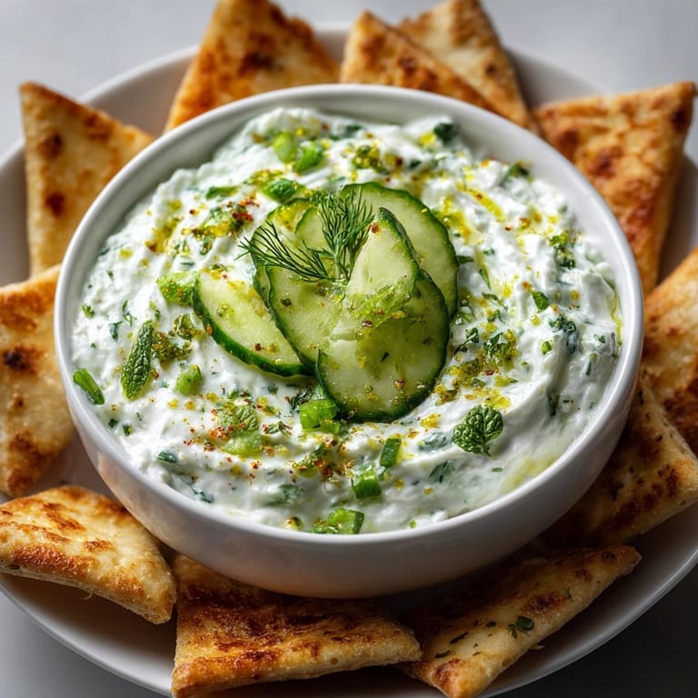 Homemade pita chips with cool &amp; zesty cucumber-lime yogurt dip recipe for sharing.
