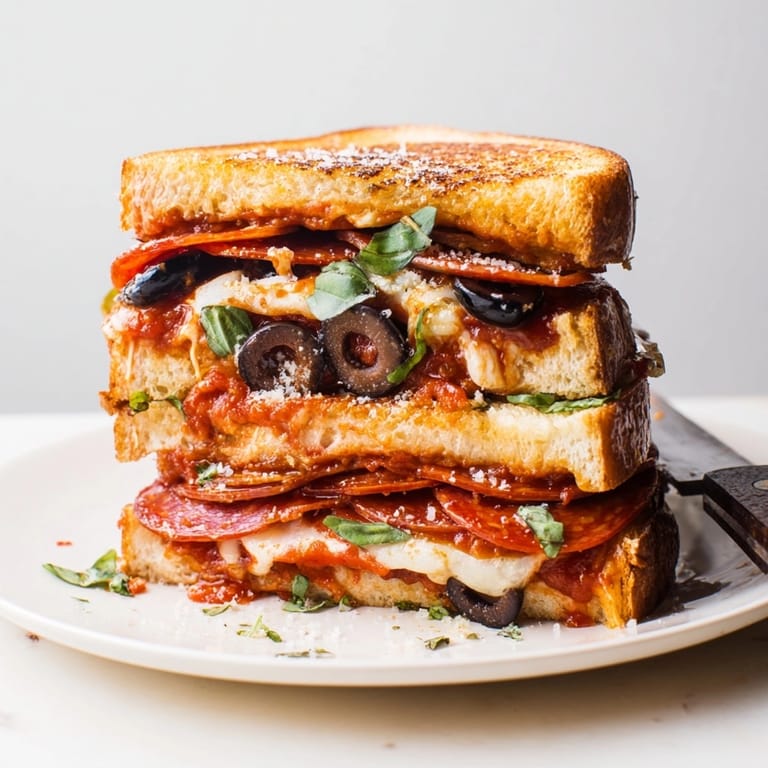 Sizzling Pizza Grilled Cheese with Pepperoni; warm, cheesy sandwich, ready for a quick lunch.
