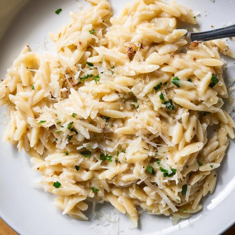 Easy Creamy Garlic Parmesan Orzo: creamy, cheesy comforting Italian inspired side in a bowl.