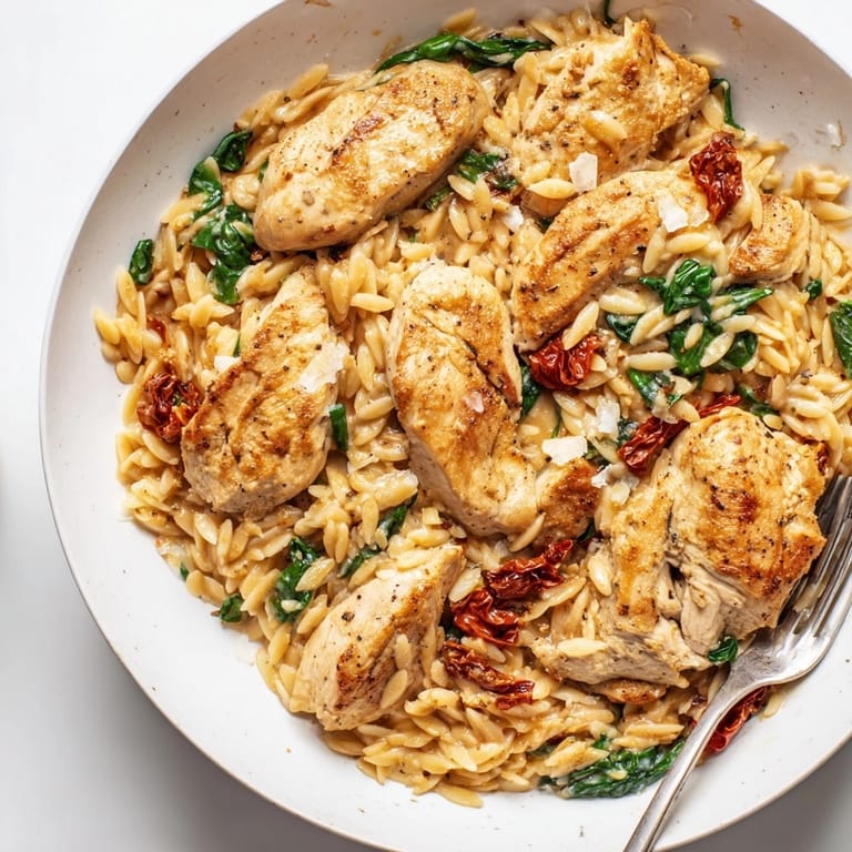 A steaming skillet of One-Pan Marry Me Chicken Orzo, with bright tomatoes and herbs.