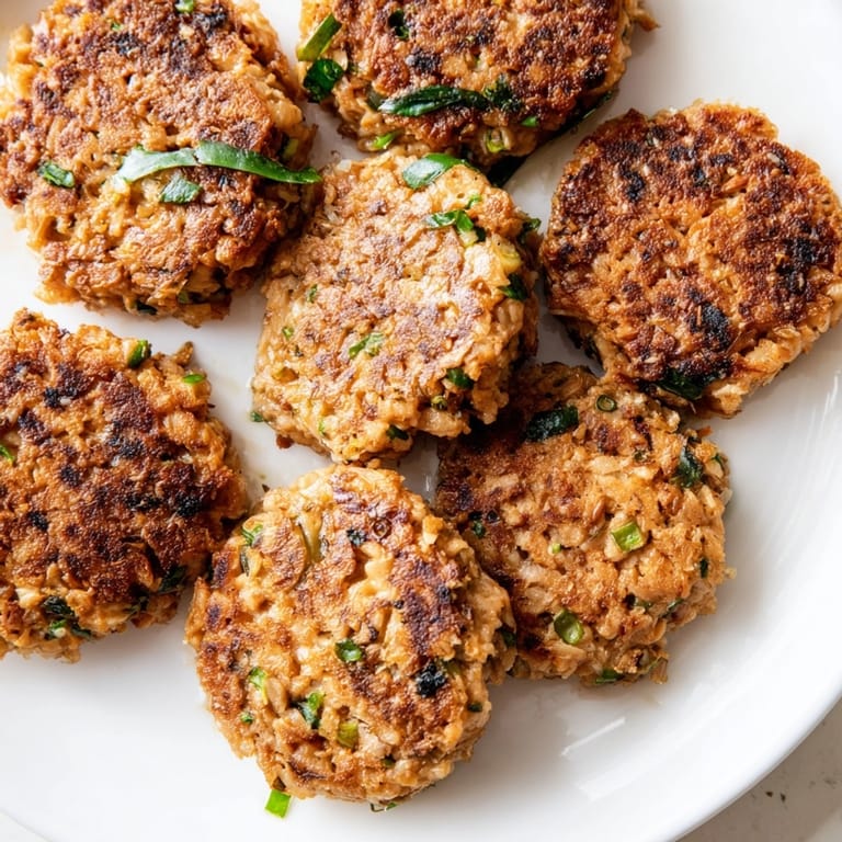 Close-up of freshly fried Garlic Ginger Salmon Patties, a delicious dairy-free seafood dish.