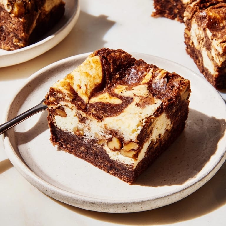 Homemade, fudgy Cinnamon Nut Ricotta Brownies, a textured swirl of batter and nuts.
