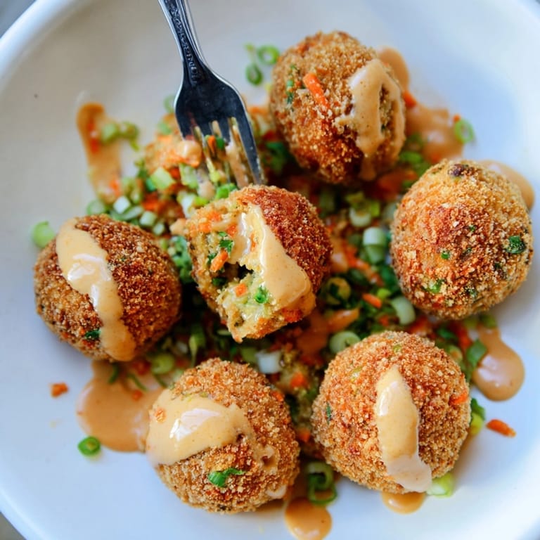 Close-up showing the texture of the crispy Thai Peanut Fried Rice Balls, ready to eat.