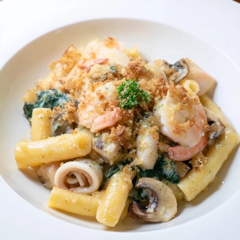 Golden-baked Japanese seafood pasta bake, showcasing a medley of fresh flavors.  
