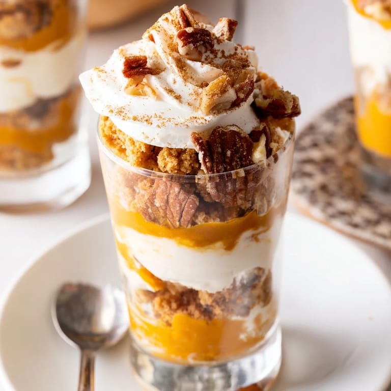Indulgent Thanksgiving Dessert Shooters topped with whipped cream and ground cinnamon delight.