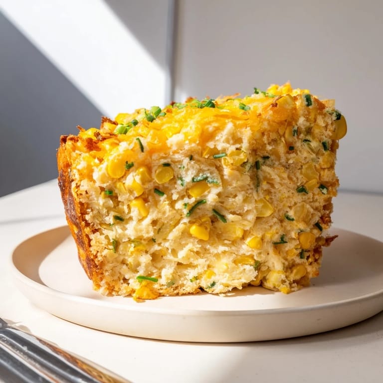 Slices of Cheddar Corn Chaos Cake served warm, topped with melted cheese and herbs.  