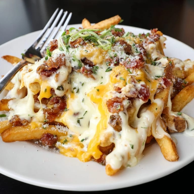 Oven-baked truffle oil loaded fries bake, featuring gooey cheese and aromatic toppings.