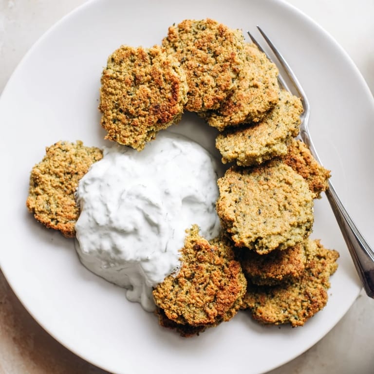 Crispy baked falafel balls paired with creamy yogurt sauce for dipping delight.  