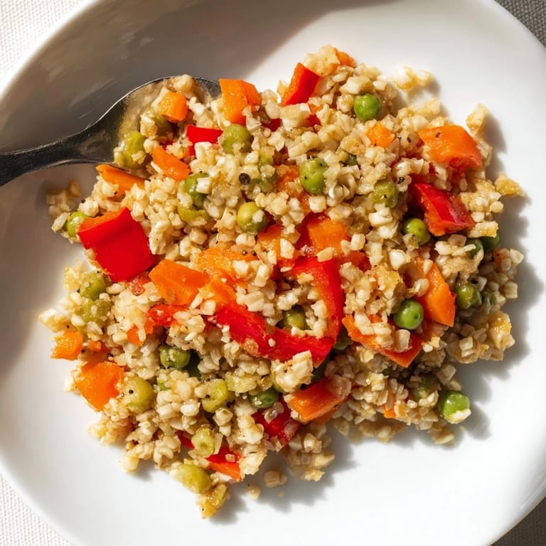 Savory low-carb cauliflower rice stir-fry garnished with fresh veggies and sesame oil.