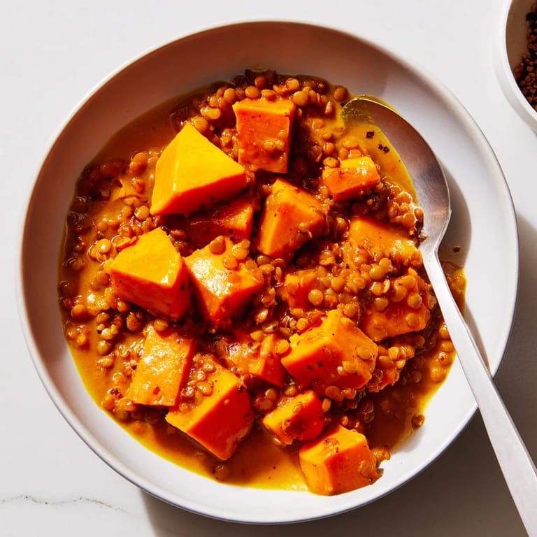 Creamy lentil and sweet potato curry showcasing spices and rich coconut milk.  