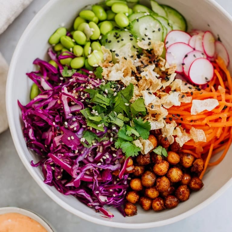 Colorful ASMR Crunch Snack Bowls piled high with crispy toppings and vibrant vegetables for snacking.
