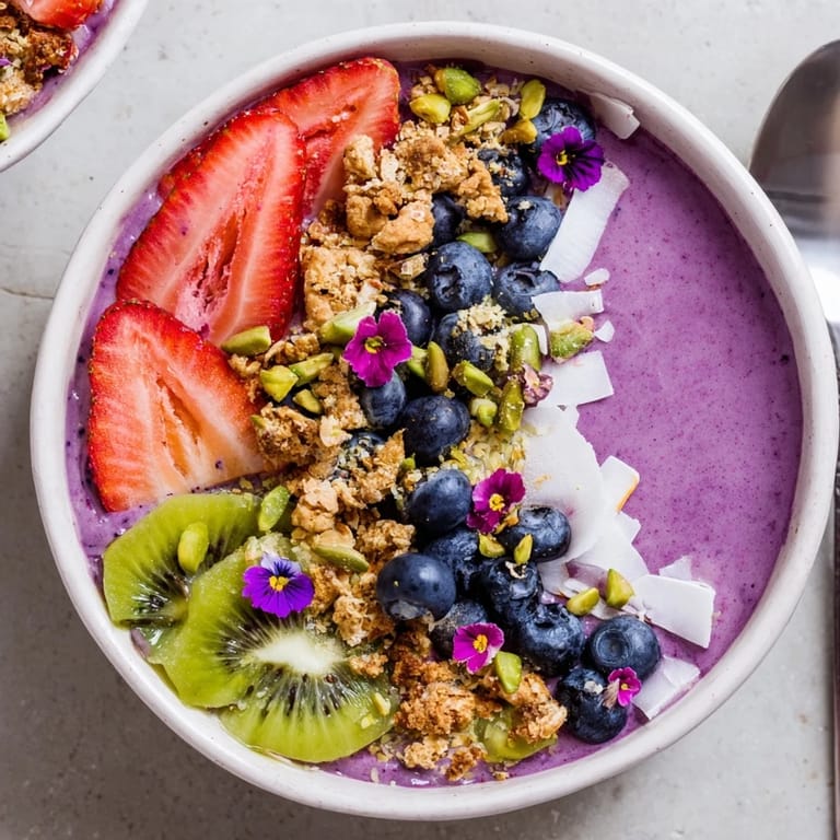 Delicious vibrant smoothie bowls featuring purple yam, pistachios, and creamy yogurt blend.  