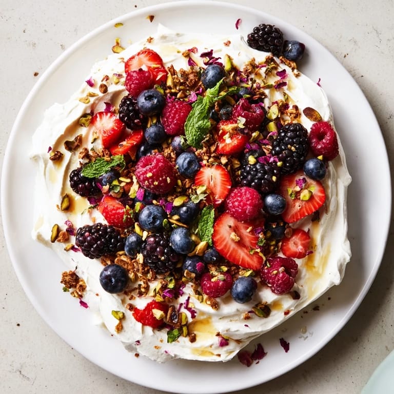 Elegant butter board dessert adorned with mixed berries and crunchy pistachios.