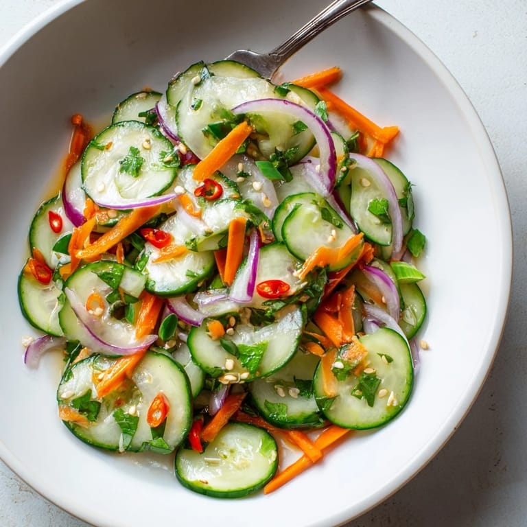 Vibrant cucumber salad remix, garnished with toasted sesame seeds and fresh cilantro.  
