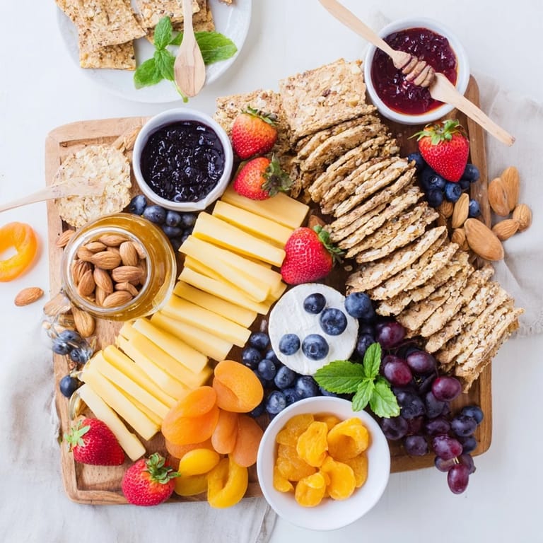 An inviting assortment of sweet jams and savory cheeses on a brunch board.  