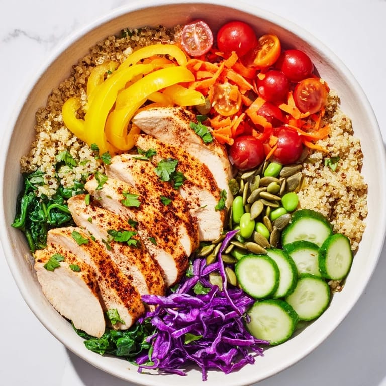 Vibrant healthy meal-prep bowls showcasing layered veggies and protein-rich chicken slices.  