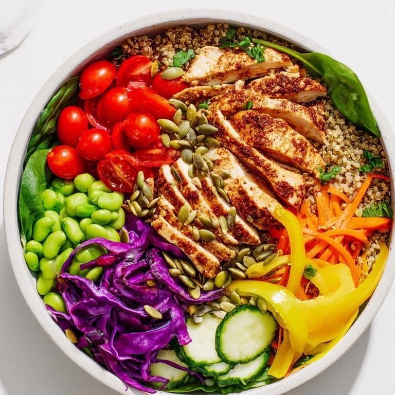 Delicious healthy meal-prep bowls, drizzled with zesty dressing and topped with seeds.