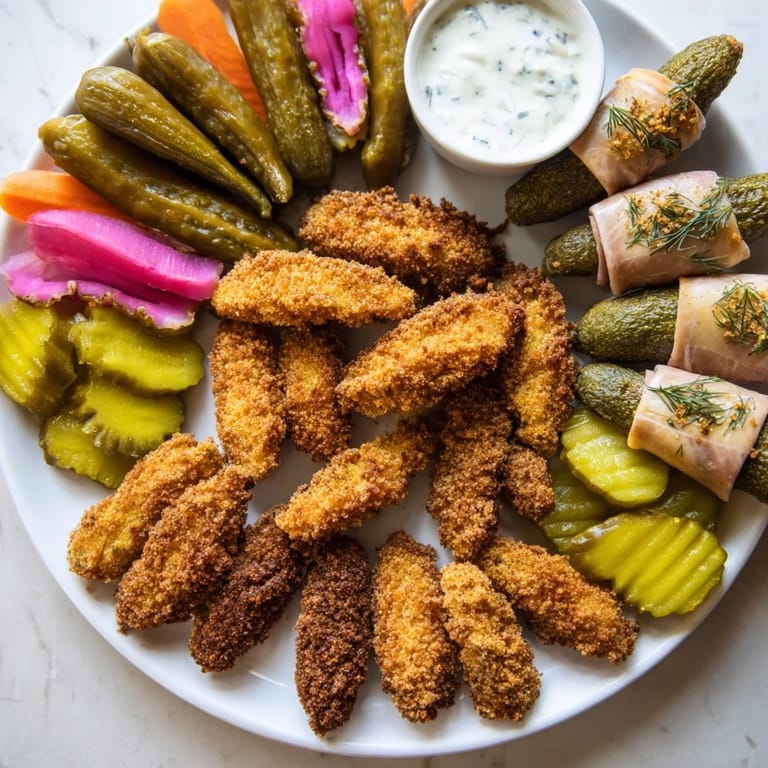 A colorful platter of pickle lovers meal with cheesy wraps and tangy dips.  