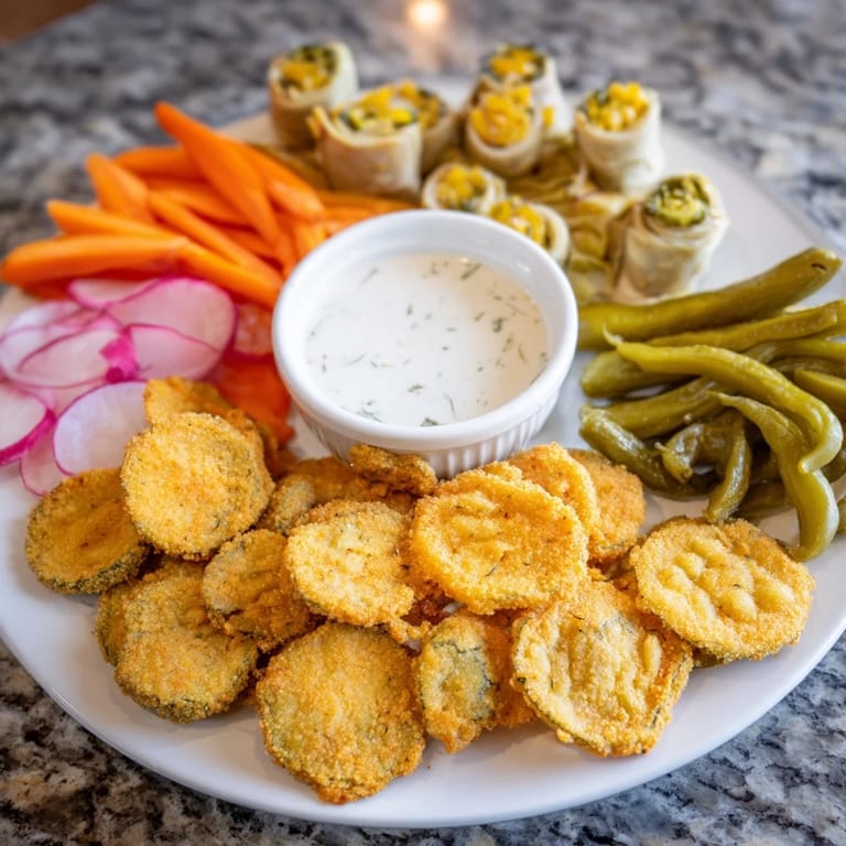 Golden, crunchy fried pickles and assorted veggies create a true pickle lovers' feast.