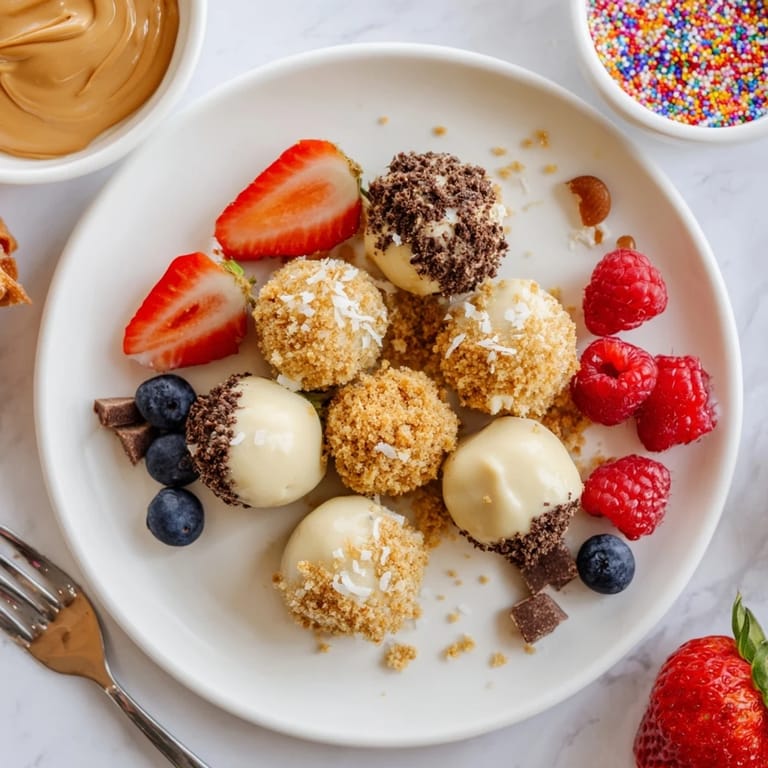 Interactive dessert board featuring creamy cheesecake bites adorned with fresh fruit and sprinkles.  
