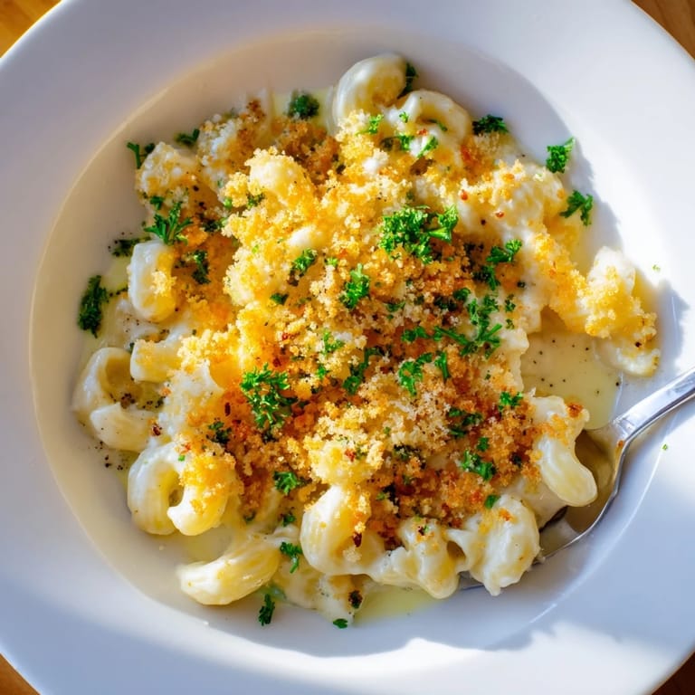 Creamy Truffle Macaroni & Cheese, drizzled with aromatic truffle oil for indulgent flavor.  