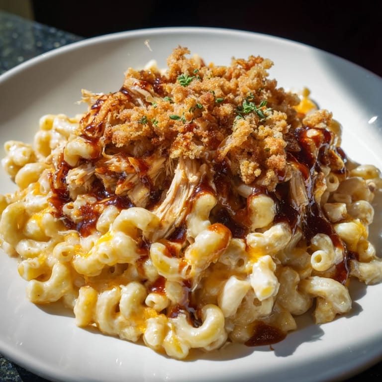 Golden-brown classic mac & cheese with tender BBQ chicken, perfect for family dinners.