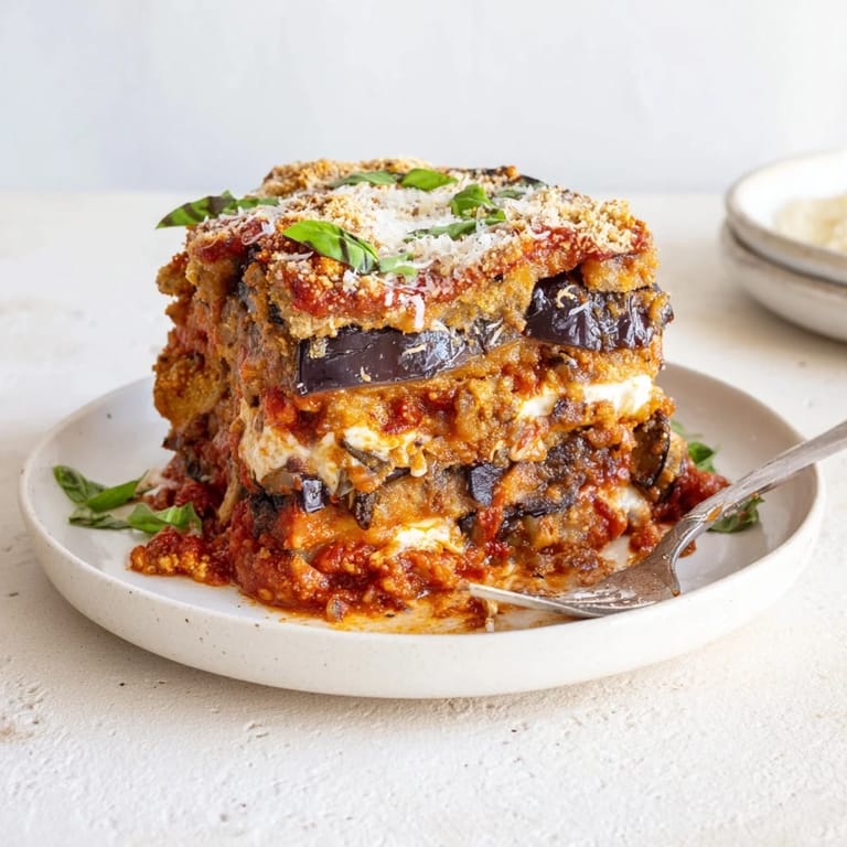 Sizzling comfort food: eggplant Parmesan lasagna baked to bubbly perfection, topped with basil.