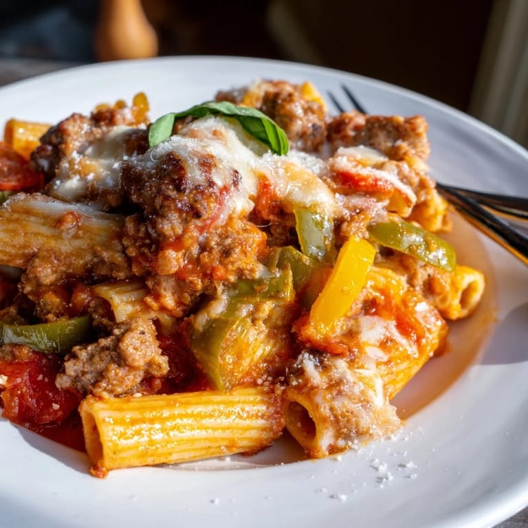 Comforting Baked Rigatoni with Sausage & Peppers, rich tomato sauce, and colorful bell peppers.