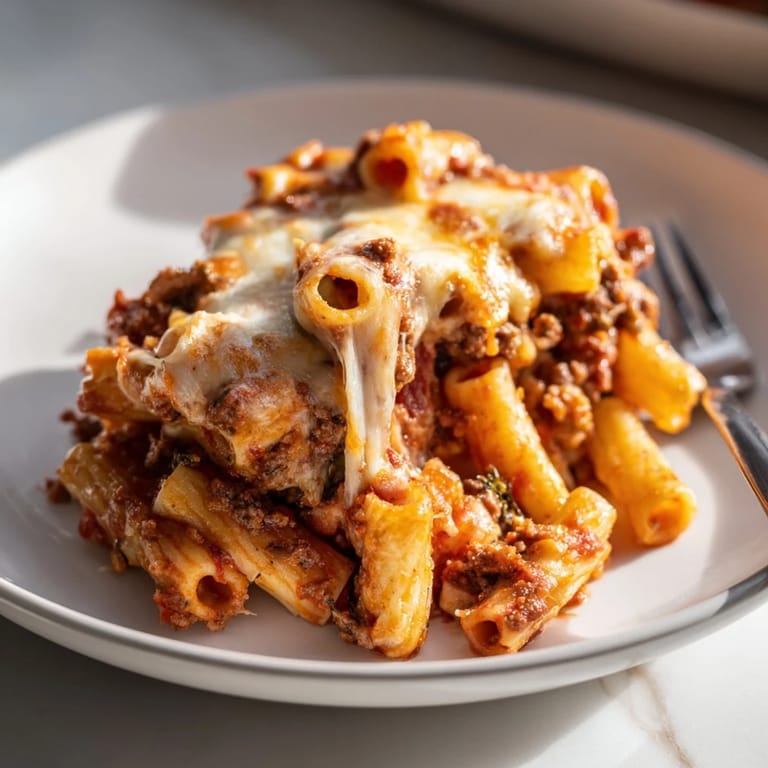A hearty baked ziti with meat sauce, served warm and garnished with parsley.  