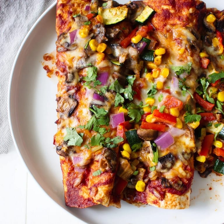 Golden-baked Farmers Market Vegetarian Enchiladas, showcasing a creamy cheese topping and fresh, seasonal produce.